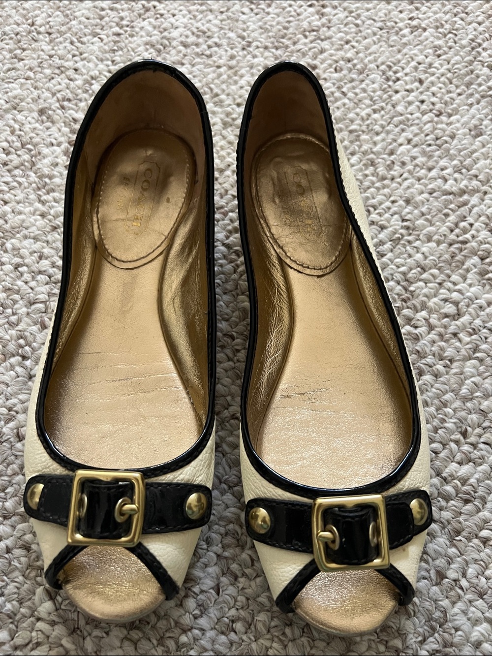 Coach Ivory and Black Peep-Toe Flats with Gold Buckle Accent
